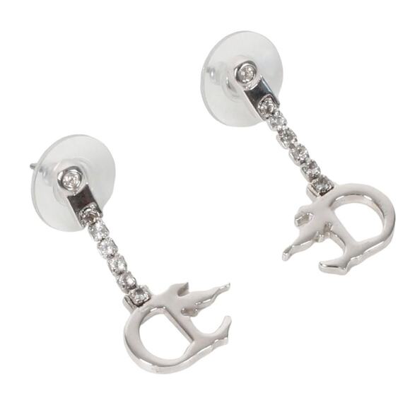 AUTH VTG Christian Dior Silver Rhinestone Dangle Drop D Flame Charm Earrings - Picture 1 of 14